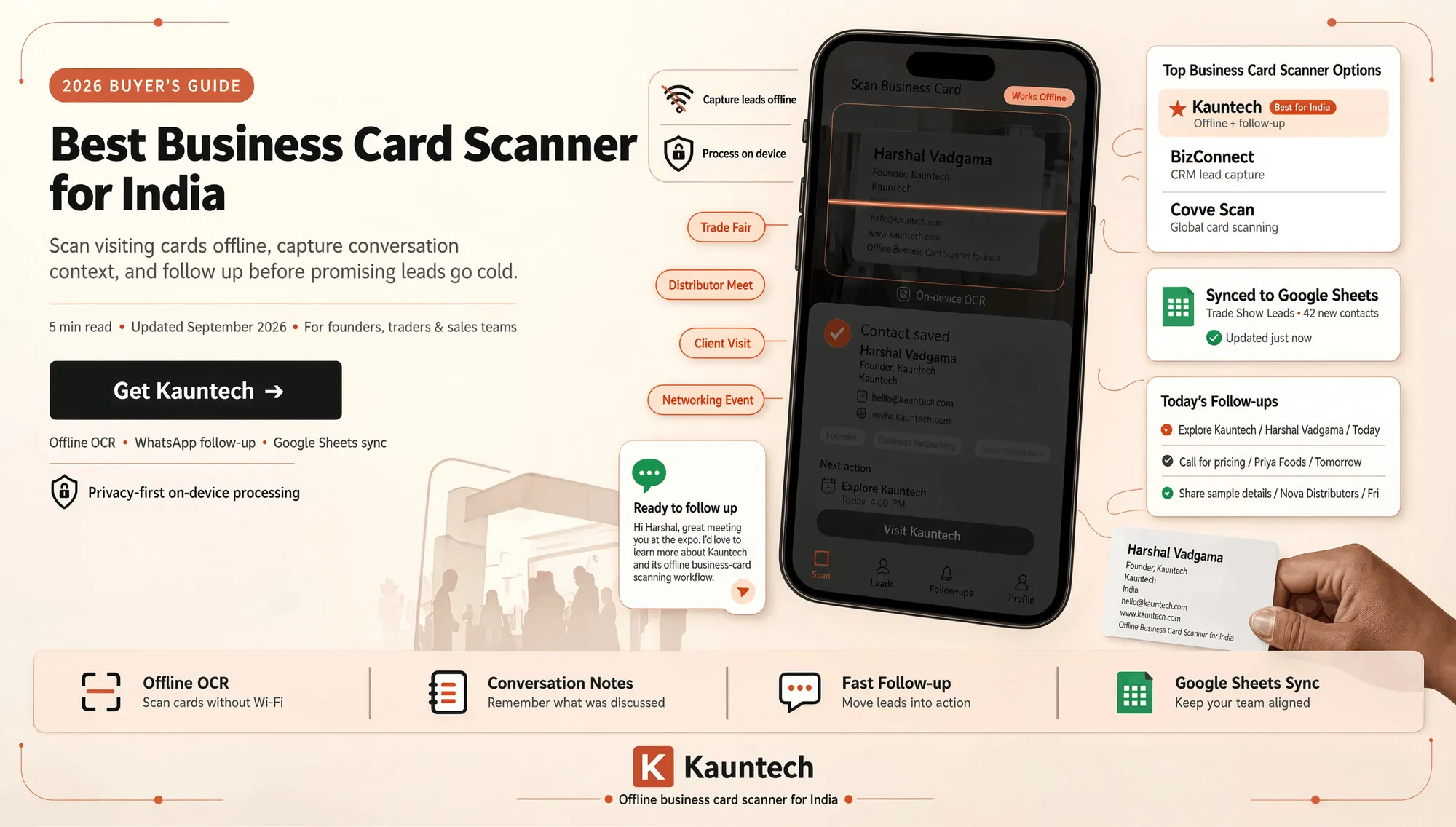 Kauntech business card scanner app scanning Harshal Vadgama’s visiting card, with offline OCR, follow-up actions, WhatsApp integration, and Google Sheets sync for Indian business networking.