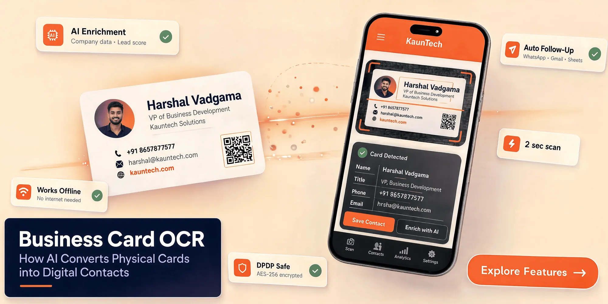 AI-powered offline business card OCR scanner converting a printed business card into a digital contact